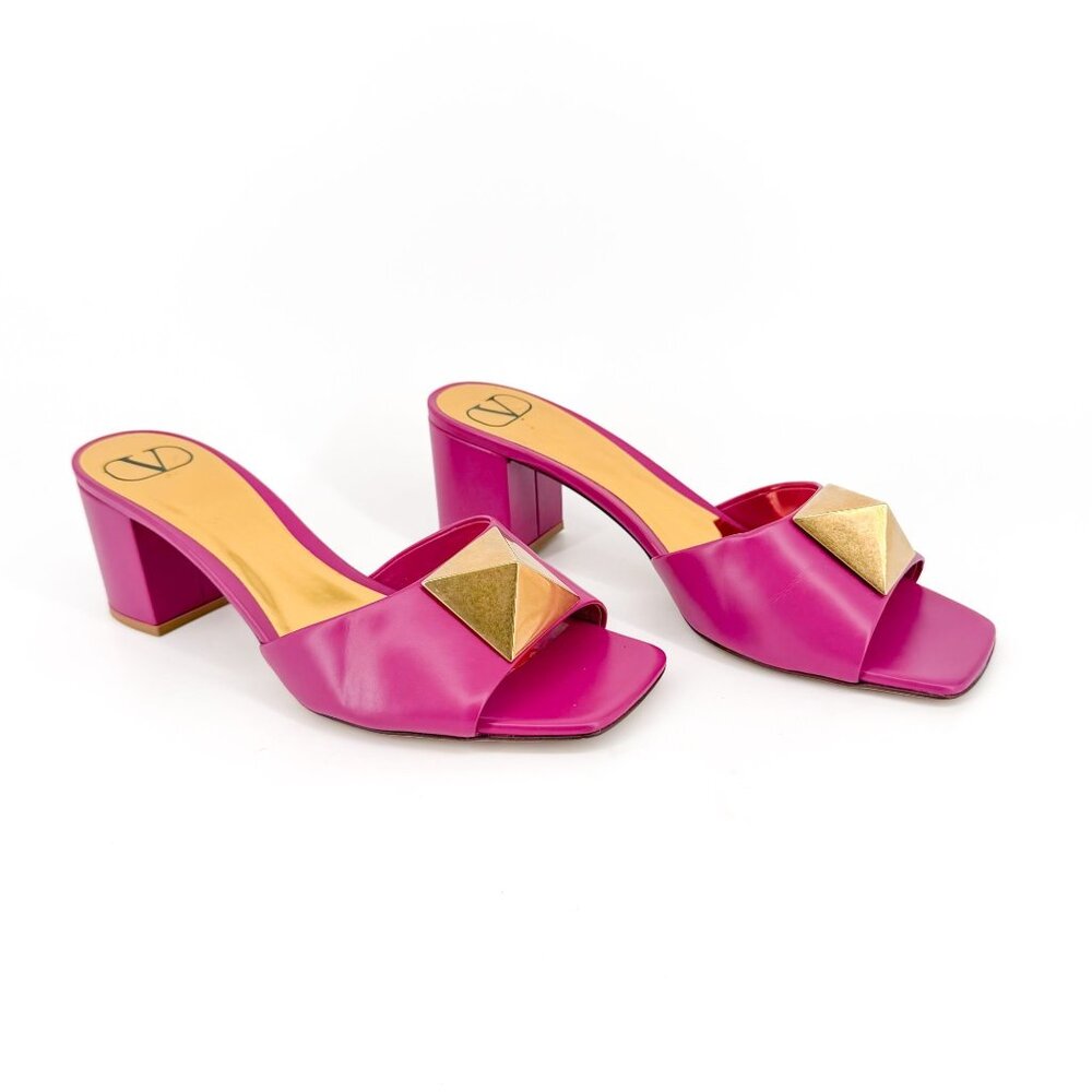 Valentino One Stud Block Heel Mule Sandals Rockstud Pink Leather Size 38 US 8